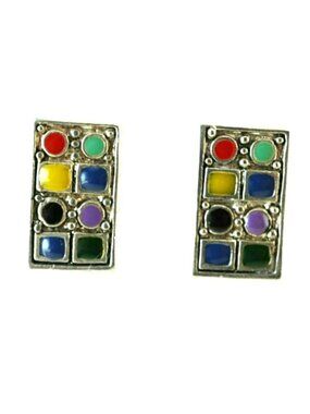 Vintage Silver Tone Multicolor Enamel Rectangle Stud Earrings Geometric